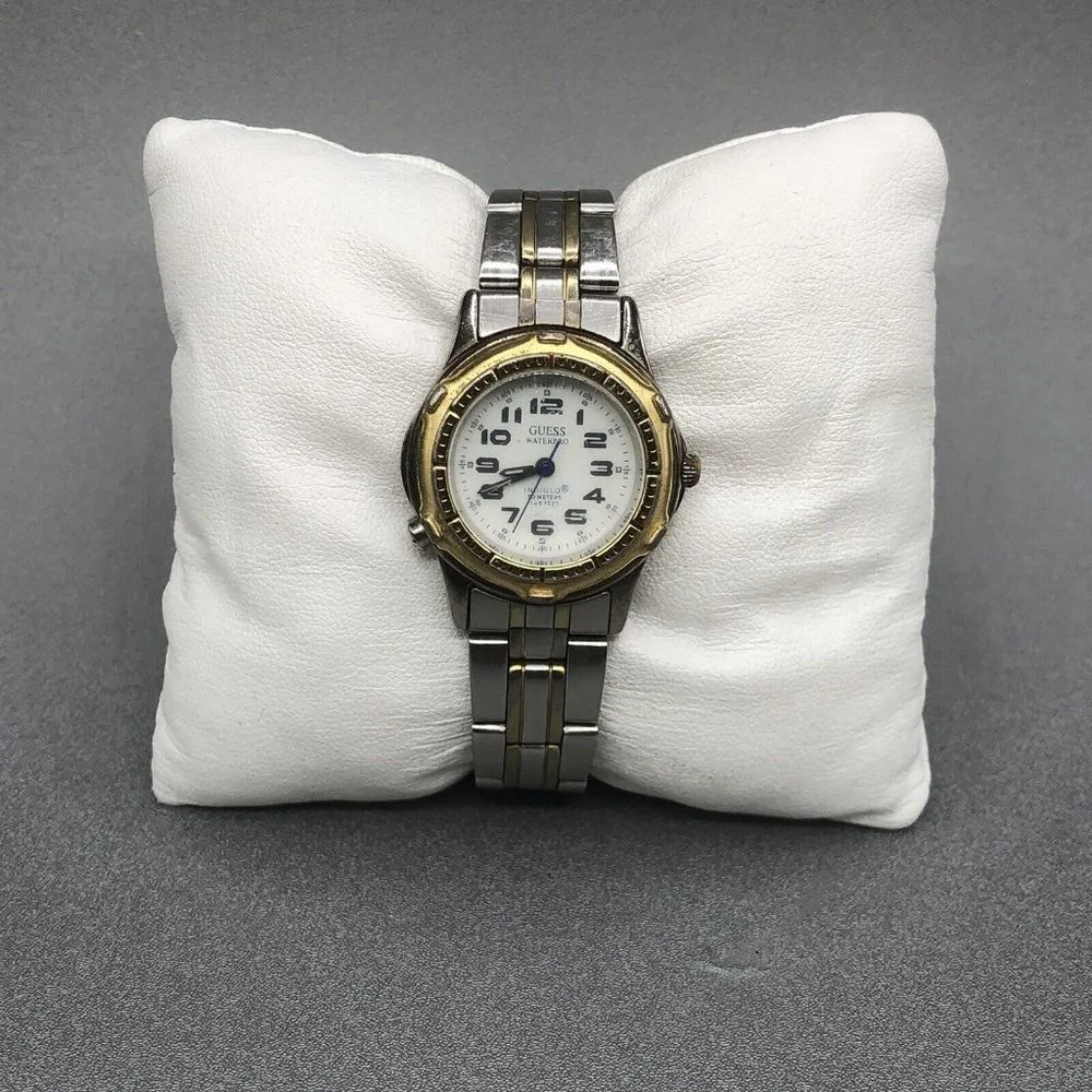 3/$30 Guess Waterpro Watch Mens Silver Gold Tone Indiglo New Battery 6.25"